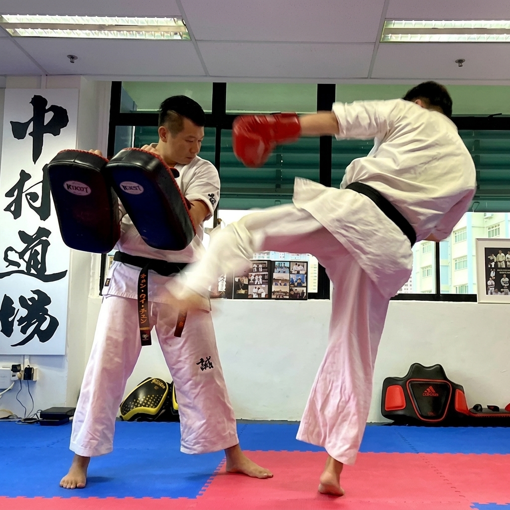 Training at the Chinatown Honbu Dojo with the Nakamura Dojo calligraphy on the wall